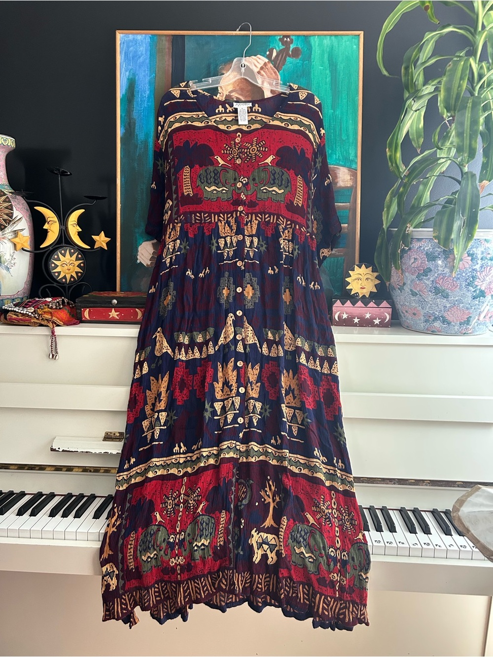 Jasmine by KVM Elephant Print Rayon Maxi Dress XL Boho Festival Button Front